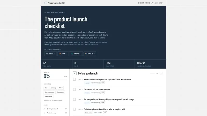 Product Launch Checklist homepage showing Every launch step, why it matters and when to skip it