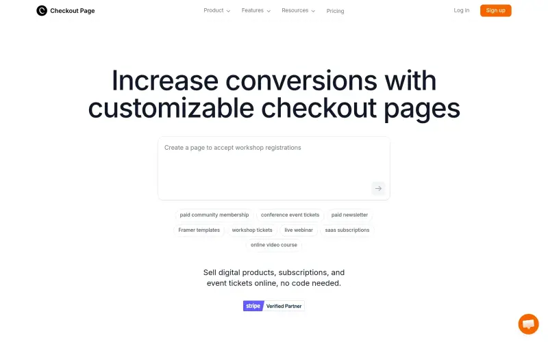 Checkout Page homepage showing Increase conversions with customizable checkout pages