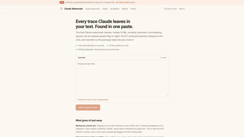 Claude Watermark homepage showing FInd & remove hidden AI traces in your text
