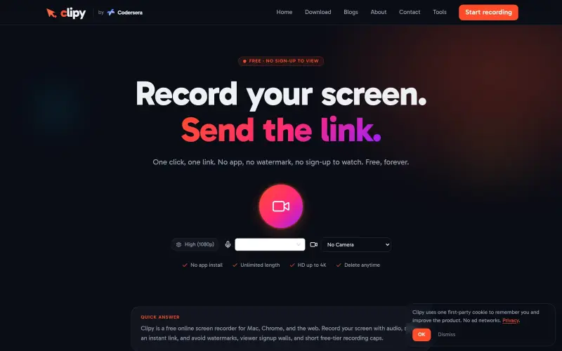 Clipy homepage showing Record and share your screen