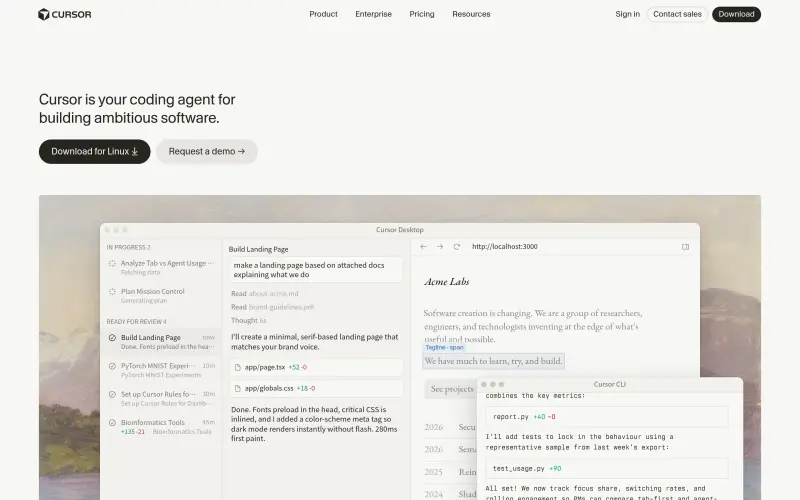 Cursor homepage showing AI-powered code editor built on VS Code fork