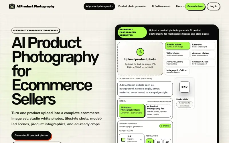 AI Product Photography homepage showing Create AI product photography for ecommerce: white main images, lifestyle