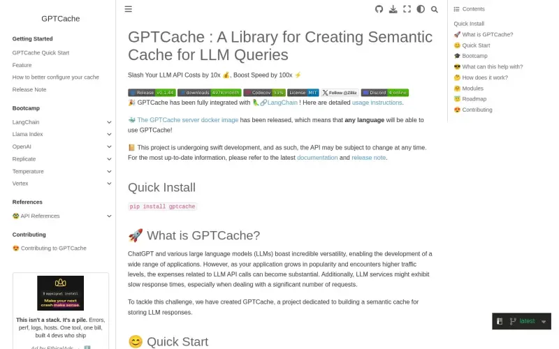Gptcache homepage showing Cache large language model responses