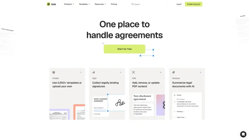 Loio homepage showing Create and sign contracts in one space