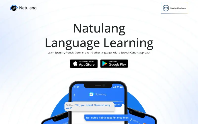 Natulang homepage showing Learn languages through speech
