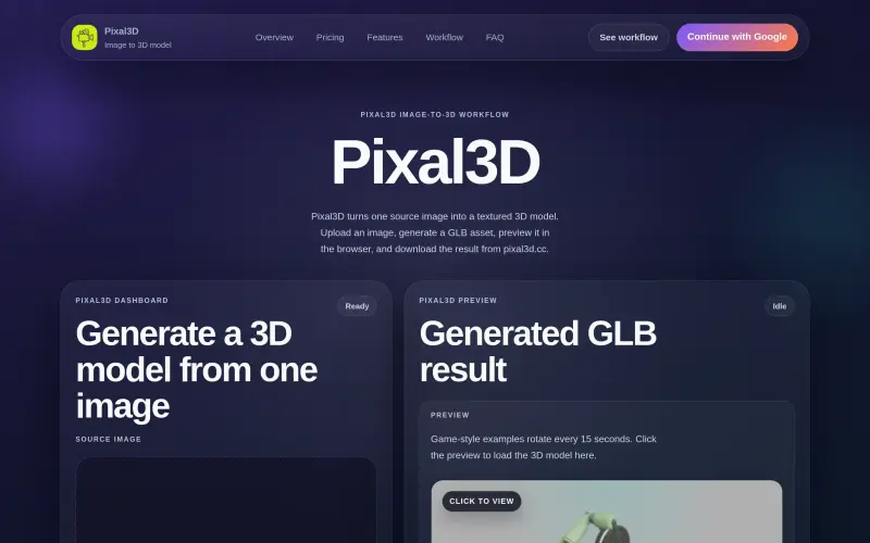 Pixal3D homepage showing Turn images into 3D models