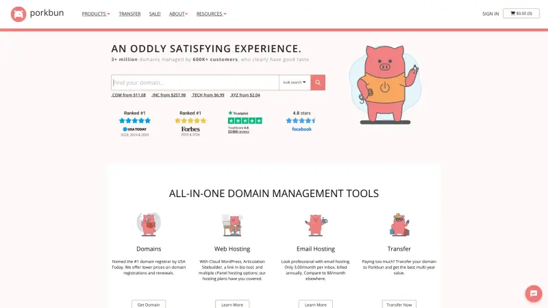 Porkbun homepage showing Affordable domain registration plus free premium features