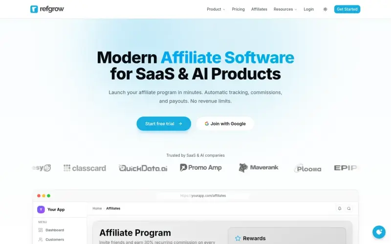 Refgrow homepage showing Launch affiliate programs in minutes