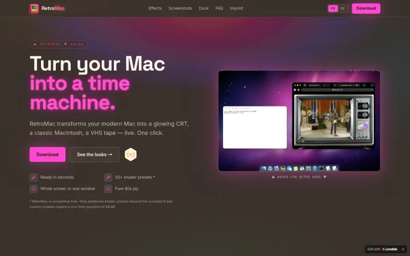 RetroMac homepage showing Give your Mac a retro look with 30+ live CRT and VHS themes