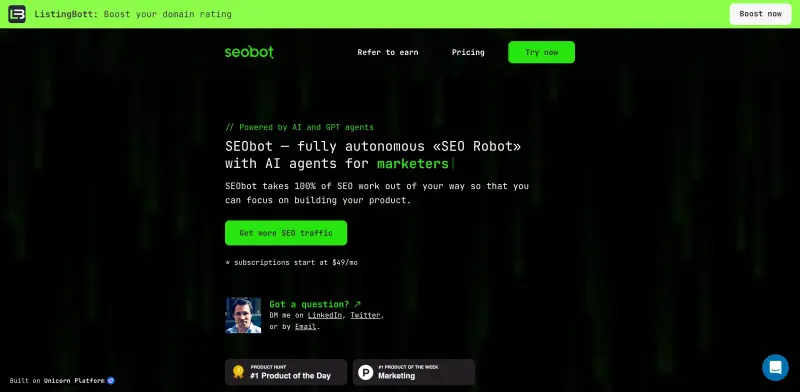 SEObot homepage showing Autonomous SEO bot for founders