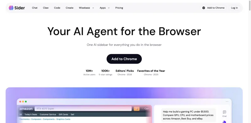 Sider homepage showing AI assistant sidebar for every website you visit