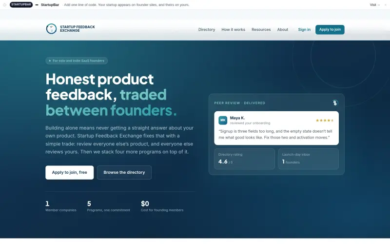 Startup Feedback Exchange homepage showing Honest product feedback traded between founders