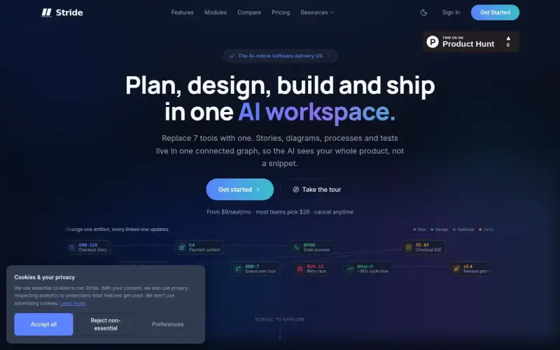 Stride homepage showing AI runs your delivery cycle