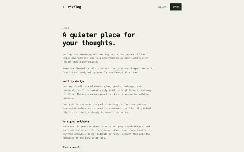 textlog homepage showing Your thoughts, shared simply