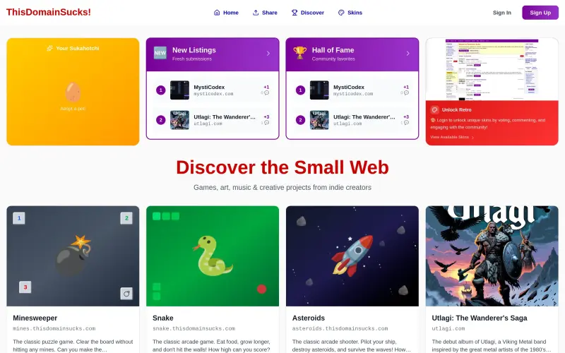 This Domain Sucks homepage showing Discover amazing games, art, music, puzzles, and creative projects from indie
