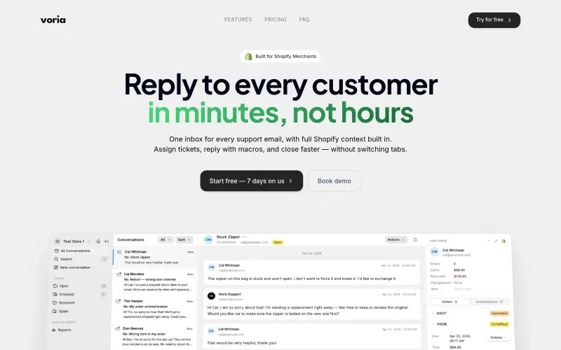 Voria homepage showing The helpdesk platform built for e-commerce brands. Manage customer