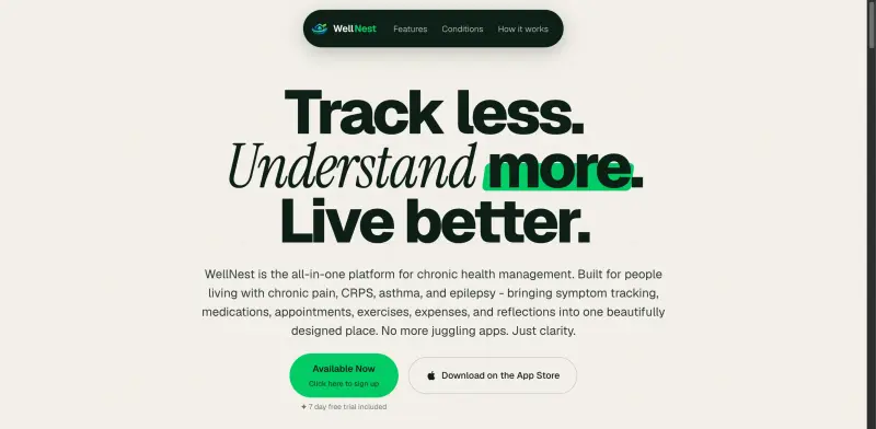 WellNest homepage showing health data in one place organization