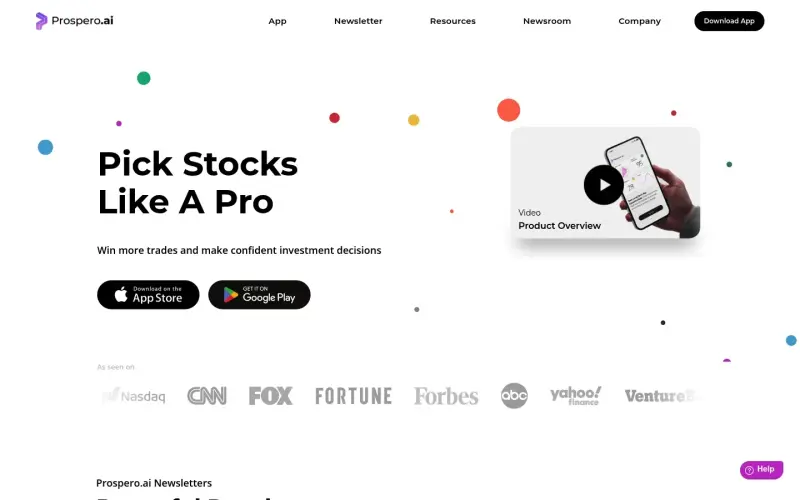 Prospero.ai homepage showing Maximize your investment returns with our AI-driven app, providing real-time