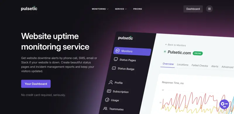 Pulsetic homepage showing Ensure your online business stays up and running with our free uptime