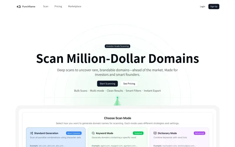 PunchName homepage showing Find Million-Dollar Domains