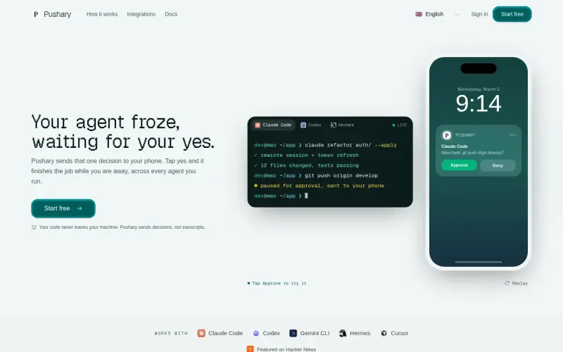 Pushary homepage showing Approve AI agents from your phone