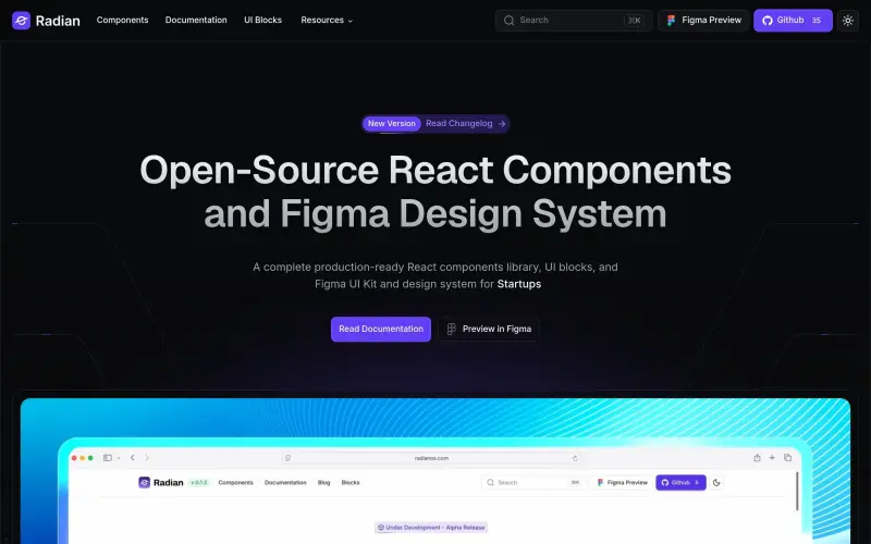 Radian UI homepage showing Open source React components and Figma design system for production