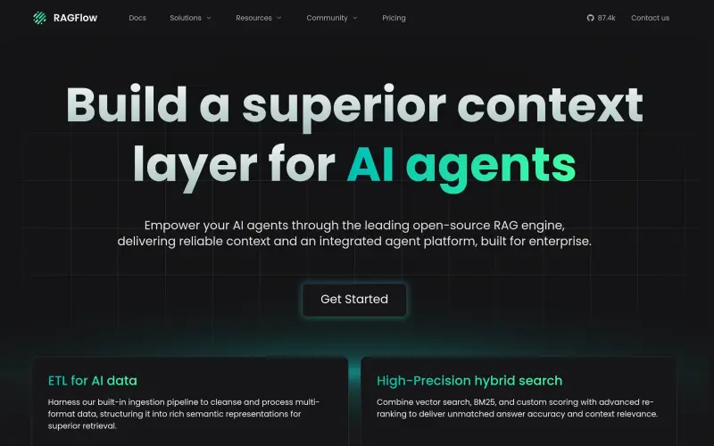 RAGFlow homepage showing Open-source RAG engine for building reliable enterprise AI agents