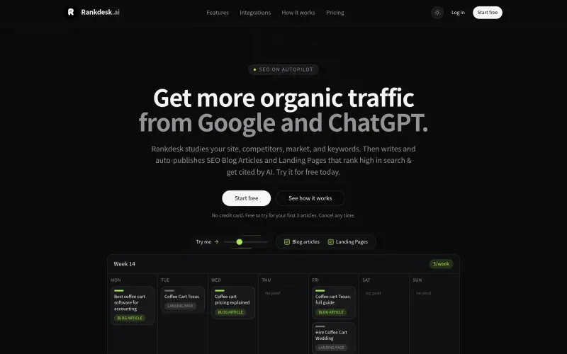 Rankdesk homepage showing SEO blog posts and landing pages that rank in Google and get cited