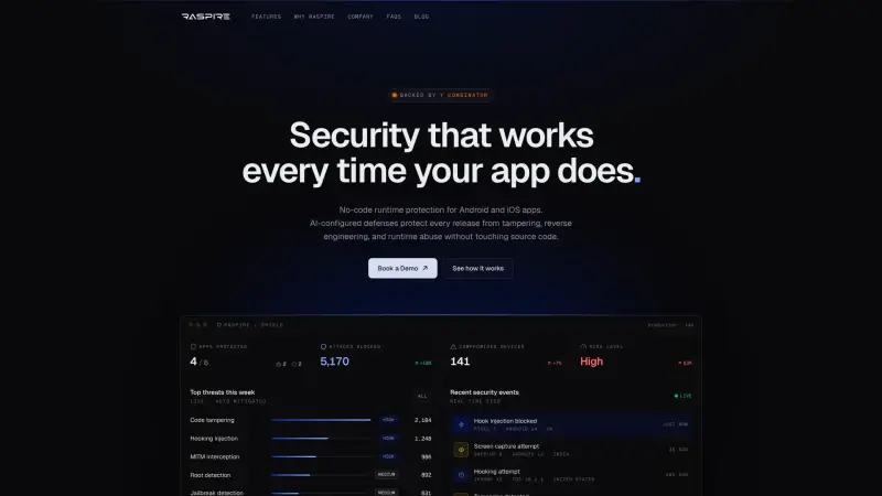 RASPIRE homepage showing No-code mobile app security
