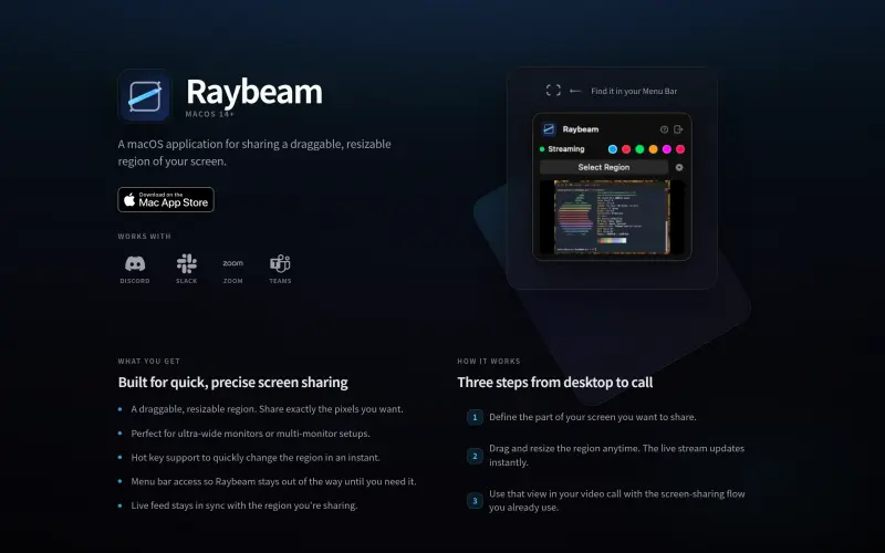 Raybeam homepage screenshot - Share specific screen regions with precision and control