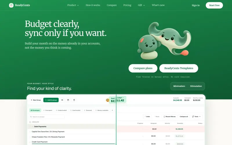 ReadyCents homepage showing Zero-based budgeting, your way, every time