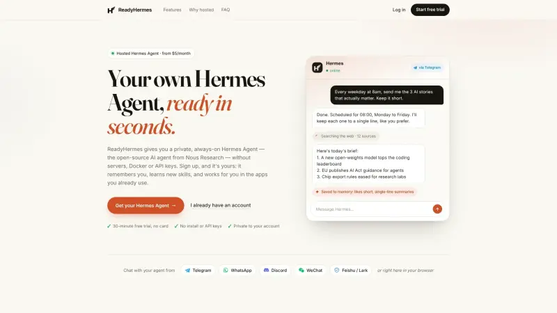 ReadyHermes homepage showing Your own hosted Hermes Agent, ready in seconds