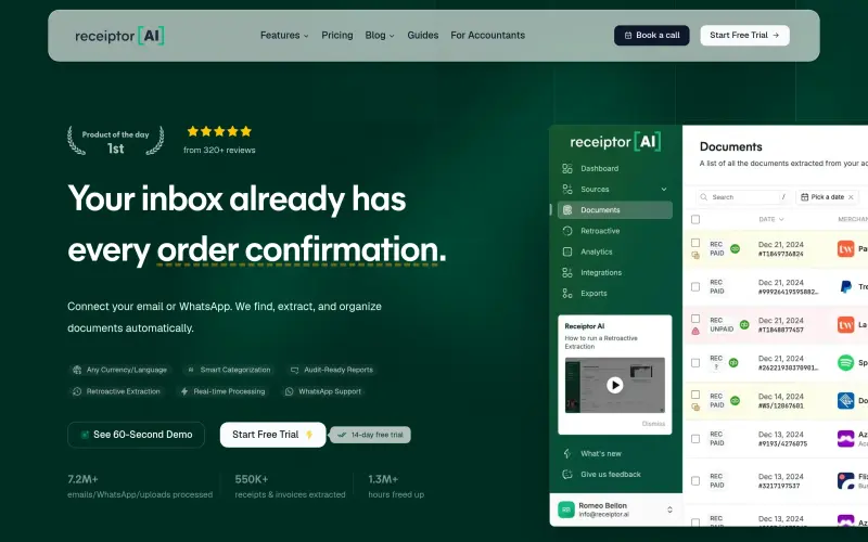 Receiptor homepage showing Extract receipts from emails and uploads