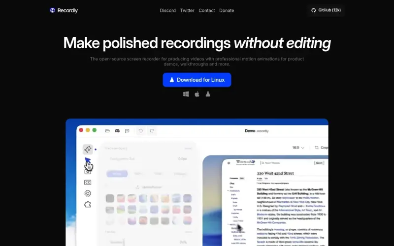 Recordly homepage screenshot - Create polished screen recordings with auto-zoom and motion blur