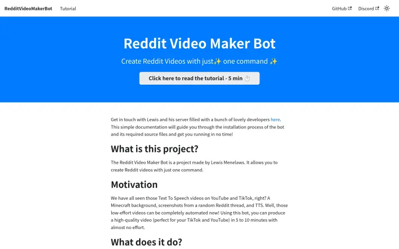 Reddit Video Maker Bot homepage screenshot - Reddit Video Maker Bot