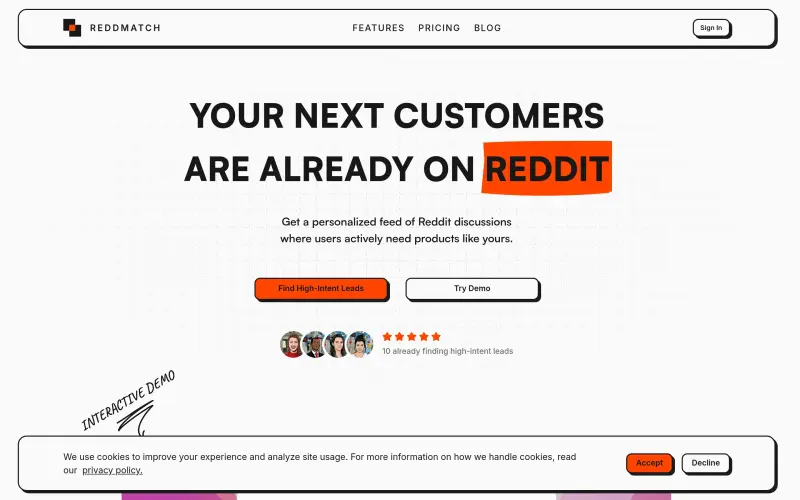 ReddMatch homepage showing Find Reddit leads where people need your product