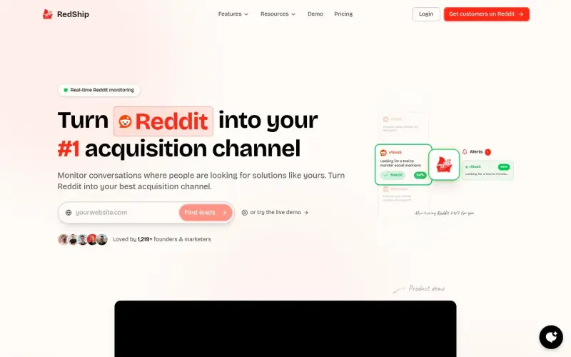 RedShip homepage showing Reddit conversations to find customers monitoring
