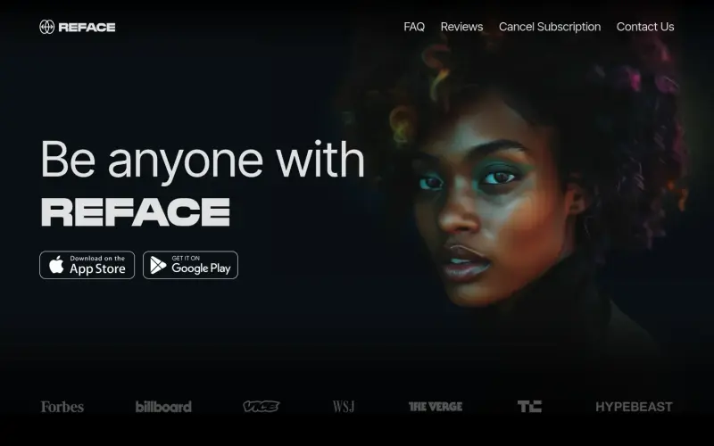 Reface homepage showing Transform Your Look with AI-Powered Editing