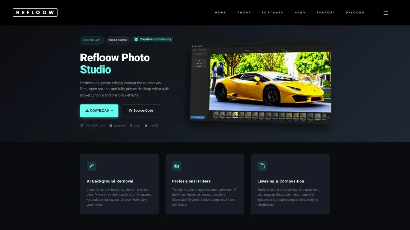 Refloow Photo Studio homepage showing Private photo editing with AI tools