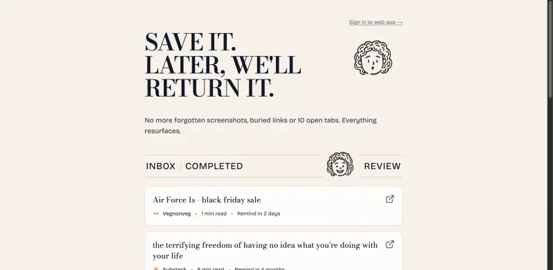 Remind Me Later homepage showing Reclaim your time with a daily digest of saved content, tailored to your