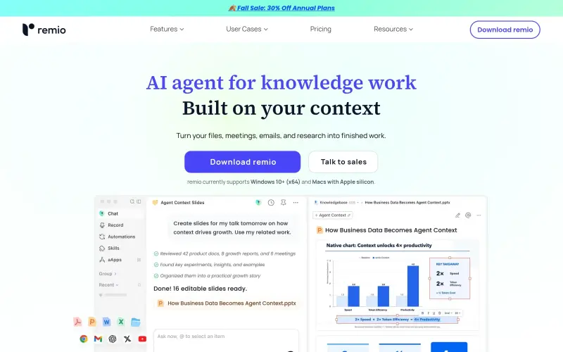 remio homepage showing Unlock searchable knowledge from your work with remio AI assistant