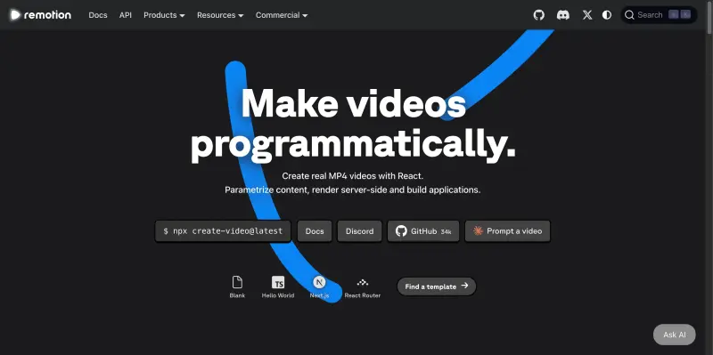 Remotion homepage showing Leverage your existing web development skills to build dynamic, data-driven