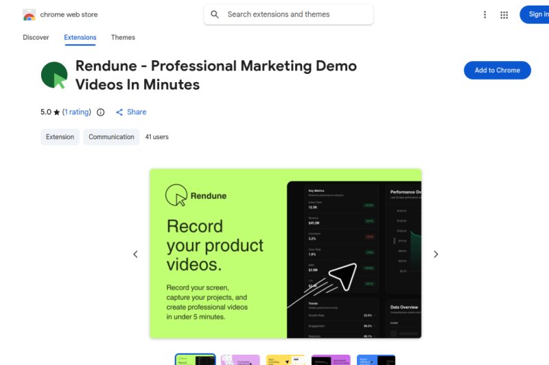 Rendune homepage showing turns plain screen recordings into cinematic demo videos with smart zoom