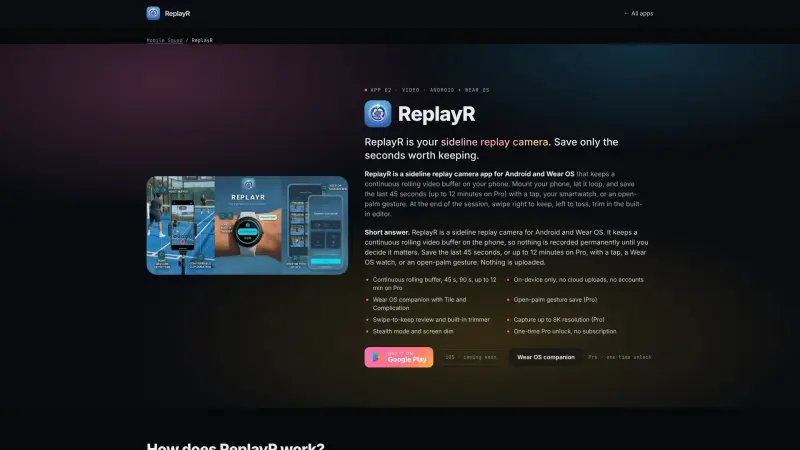 ReplayR: Instant Replay | Mobile Squad homepage showing Sideline Instant Replay Camera with Rolling Buffer
