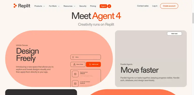 Replit homepage showing AI-powered browser coding platform building production apps