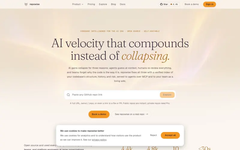 Repowise homepage showing Index code once for AI agents and teams