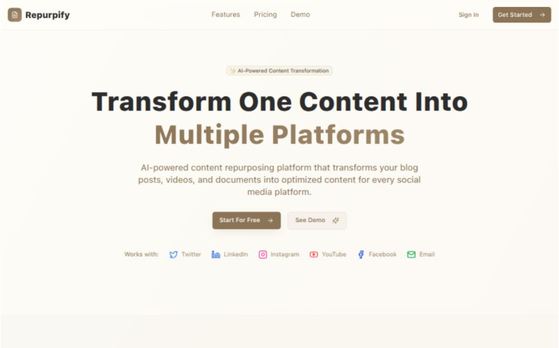 Repurpify homepage showing An AI-powered platform that transforms your blog posts, videos, and documents