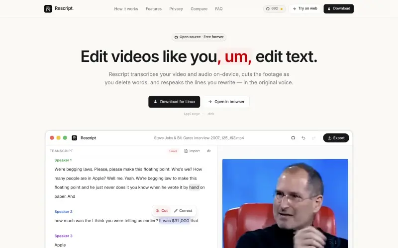 Rescript homepage showing Edit video