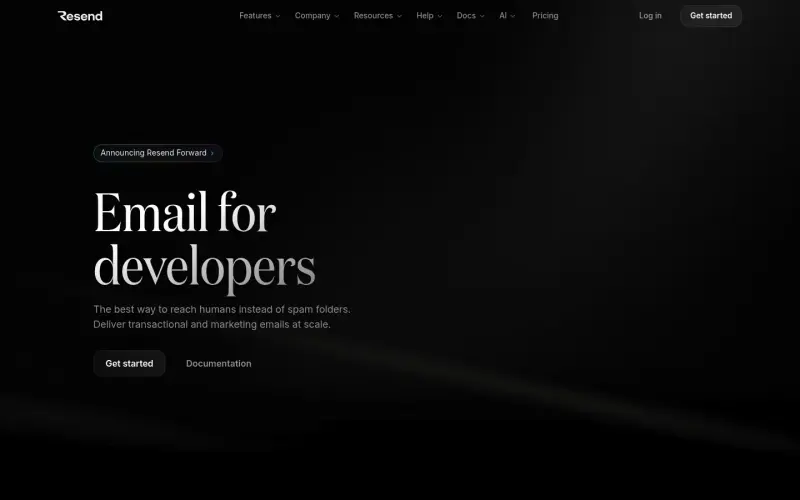 Resend homepage screenshot - Deliver emails that reach humans, not spam folders, with scalable transactional and marketing solutions