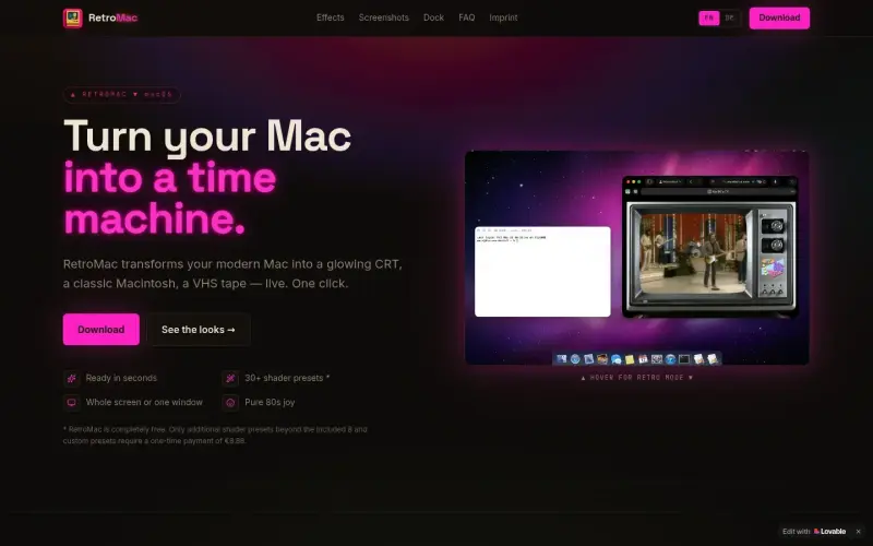 RetroMac homepage showing Give your Mac a retro look with 30+ live CRT and VHS themes
